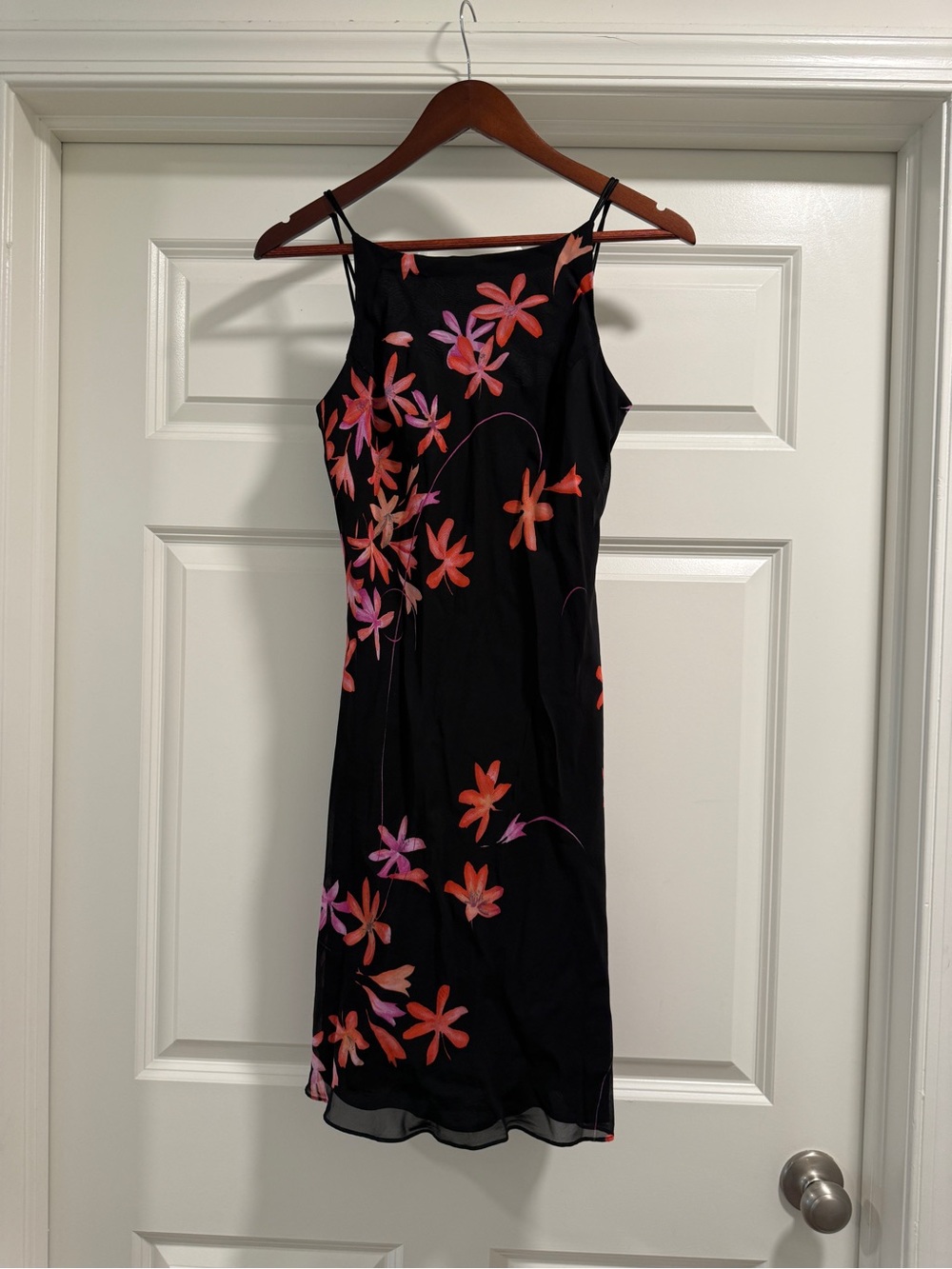Vintage high chest Jones New York Black Mini Dress with Pink Coral Floral Print
